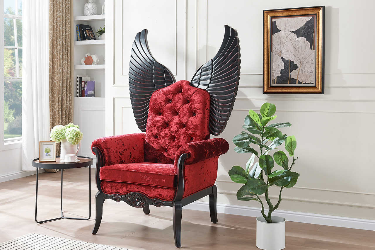 Close-up of premium fabric and black accents on Lucifur tall accent chair