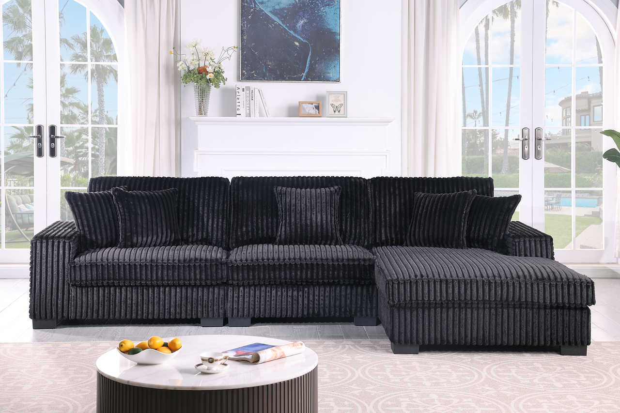 Side view of Comfy II Black Velvet 3-Piece Sectional Sofa