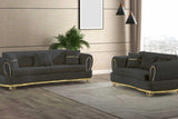 Side view of Kelebek grey velvet chair showcasing gold leg detail