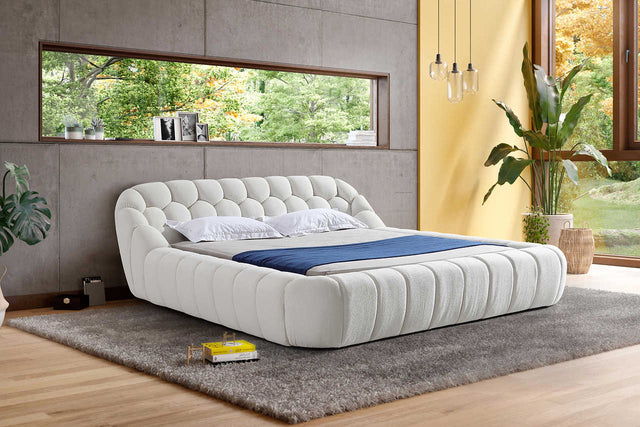Bubbles King Platform Bed side angle showing white upholstery