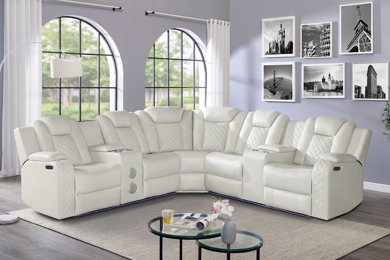 Eclipse 3-piece power reclining sectional showing storage console and cup holders