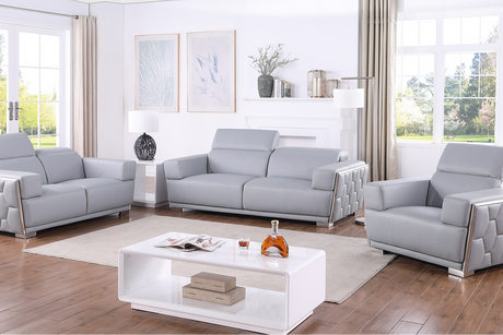 Hexor light blue Italian leather sofa angled view