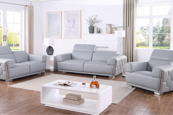 Hexor light blue Italian leather sofa angled view