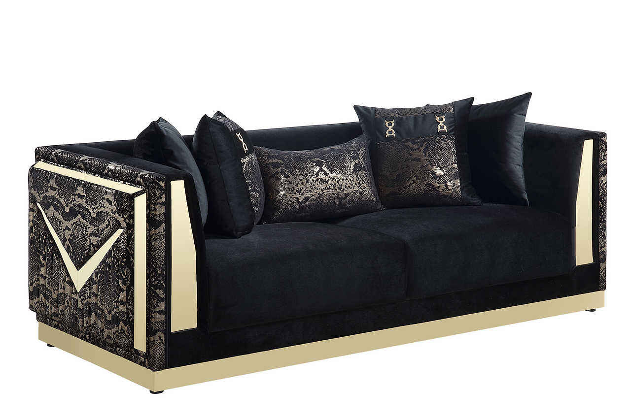 Side view of Monaco Black Velvet Sofa and Loveseat