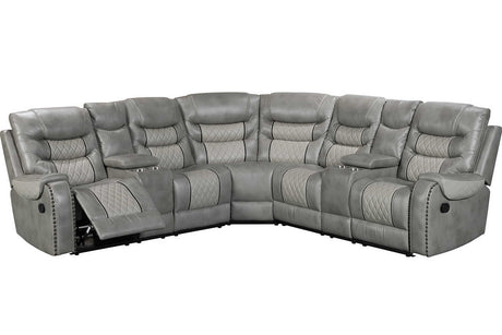 Phoenix II grey upholstered reclining sectional sofa front right view