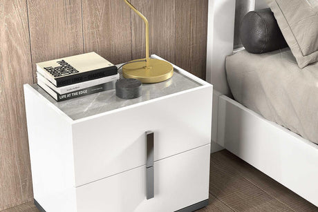 Mara White Extra Nightstand front view showing high-gloss marble top