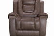 Brown upholstered recliner angled view showing armrest and seat