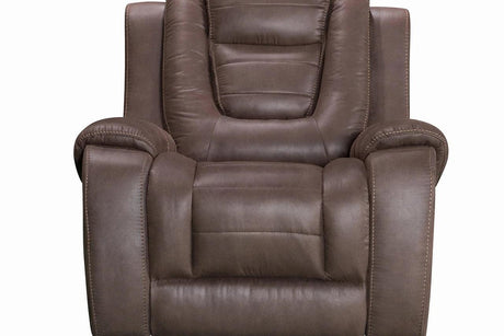 Brown upholstered recliner angled view showing armrest and seat