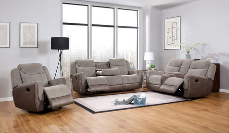 Nisa Reclining Sofa in Brown Two-Tone Chenille and Air Leather Front Angle