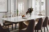 Lexi dining table corner detail with glossy white stone top