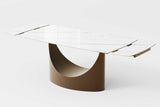 Side view of Aman extendable dining table with bronze steel base