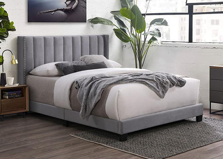Lola Grey Velvet Upholstered Platform Queen Bed side angle