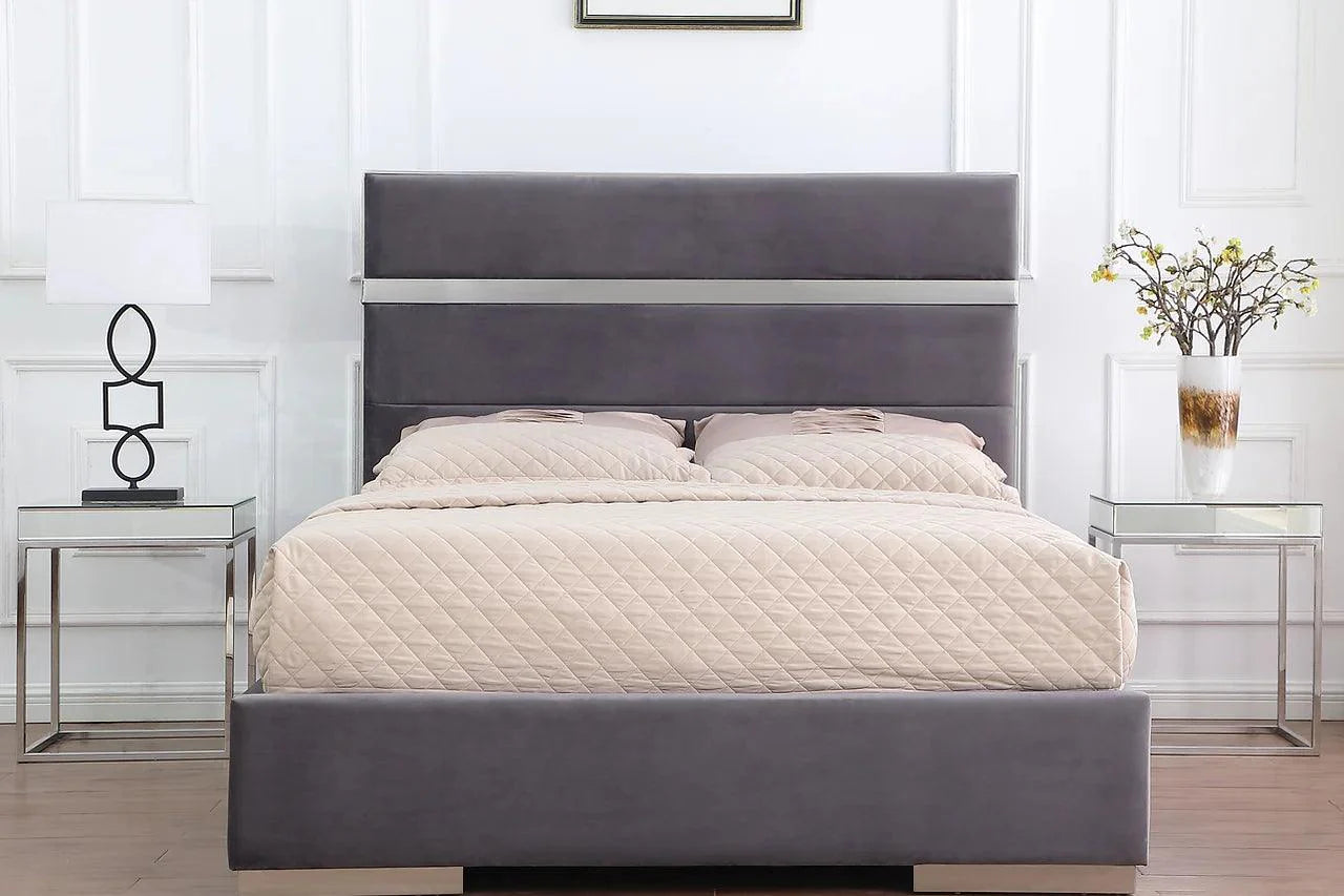 Cartier Grey Gold Velvet Upholstered Platform King Bed close-up detail