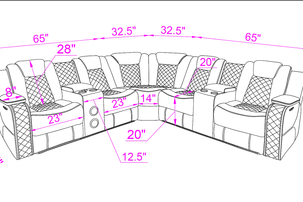 Eclipse sectional right arm facing power recliner and corner seat with Bluetooth controls