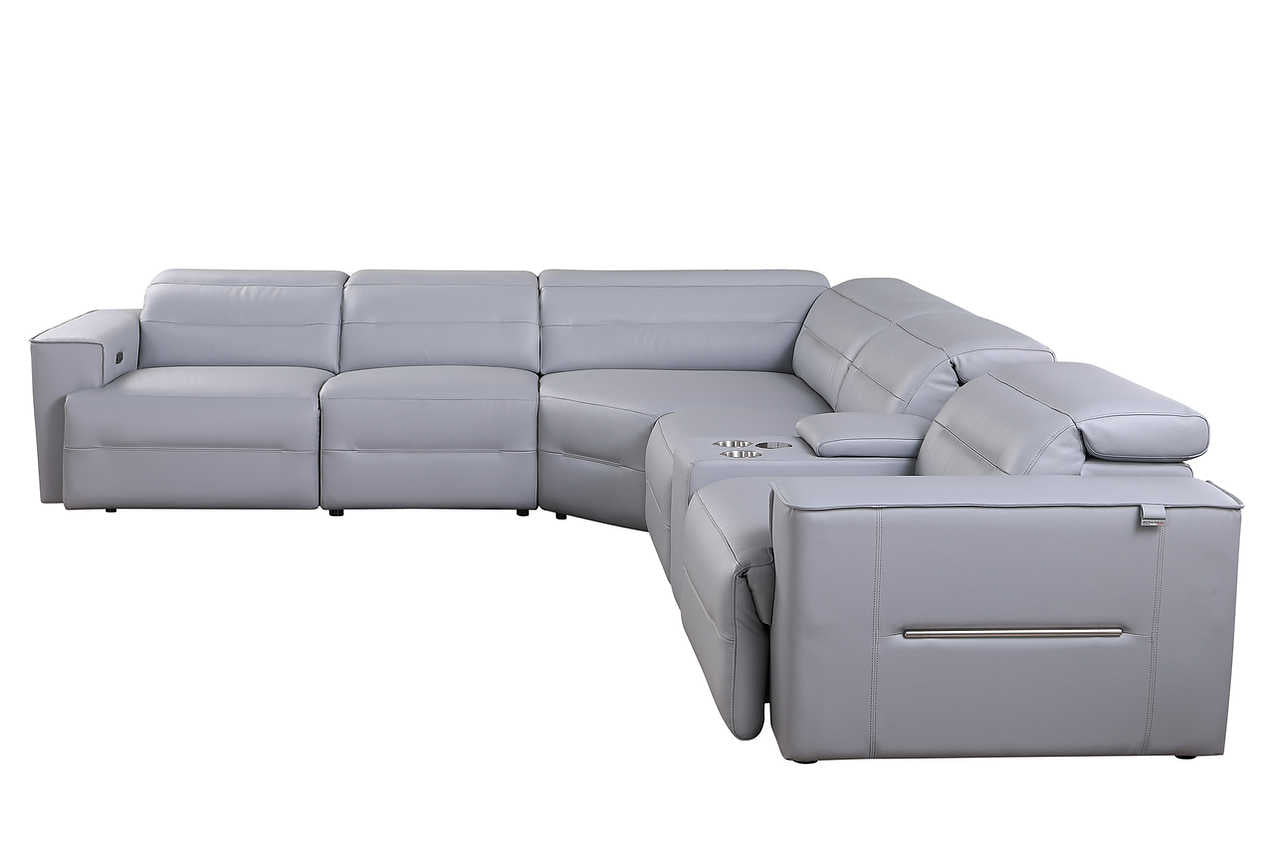 Side view of light blue leather sectional