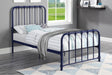 Close-up of Bethany Blue Metal Twin Platform Bed frame