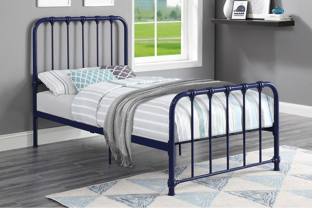 Close-up of Bethany Blue Metal Twin Platform Bed frame