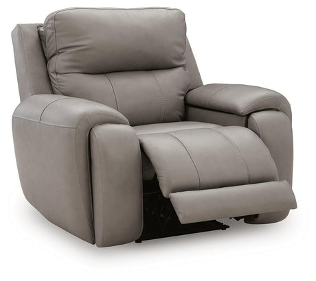 Real Moments Ash Leather Power Recliner with Audio Seating — angled view