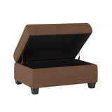 Traditional chocolate tufted fabric ottoman showing storage compartment open