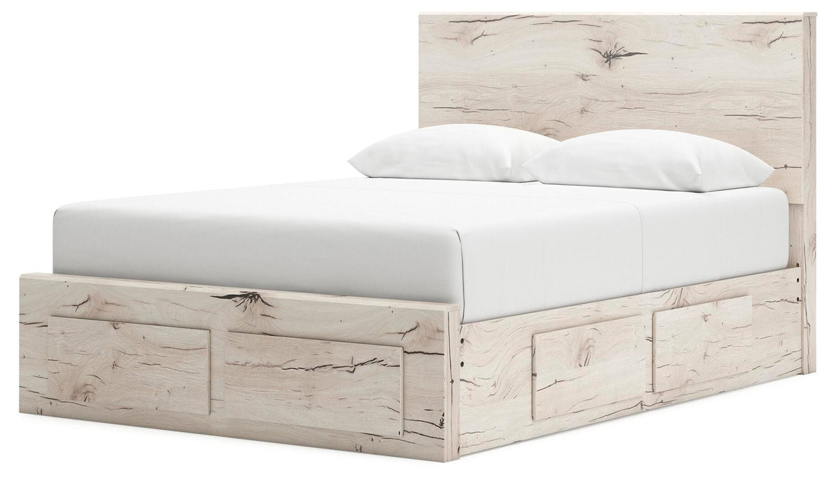 Lawroy Light Natural Queen Panel Storage Bed — angled view