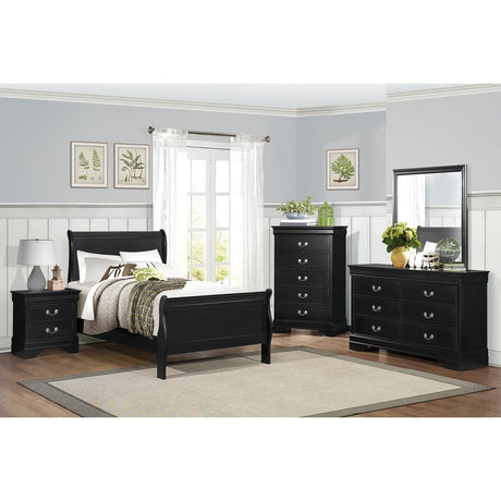 Mayville Black modern traditional youth twin sleigh bed, angled detail