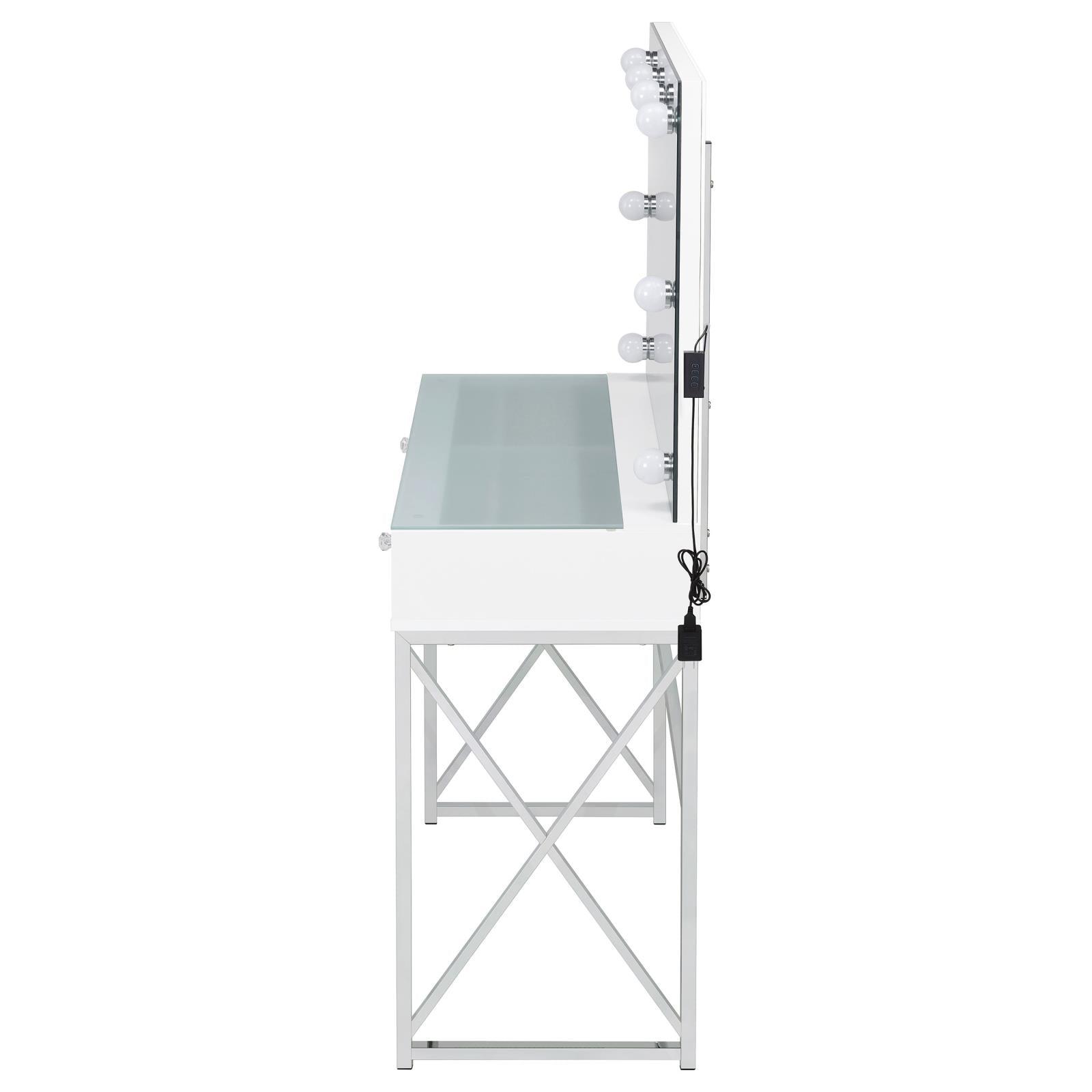 Eliza 2-Piece White Vanity Set with Hollywood Lighting and Upholstered Stool
