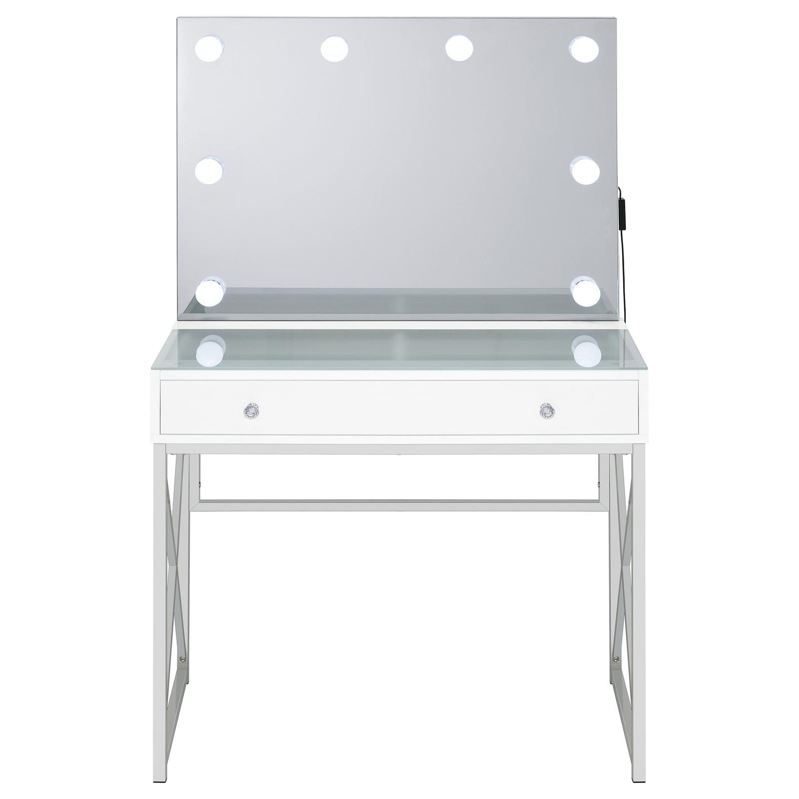 Eliza 2-Piece White Vanity Set with Hollywood Lighting and Upholstered Stool