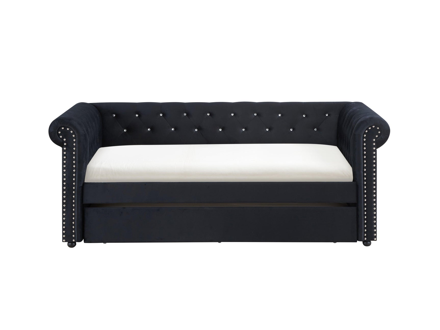 Ellie Black Velvet Tufted Trundle Daybed close-up on velvet tufting