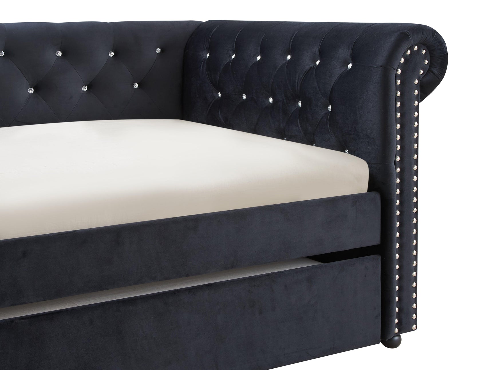 Ellie Black Velvet Tufted Trundle Daybed showing arm and back