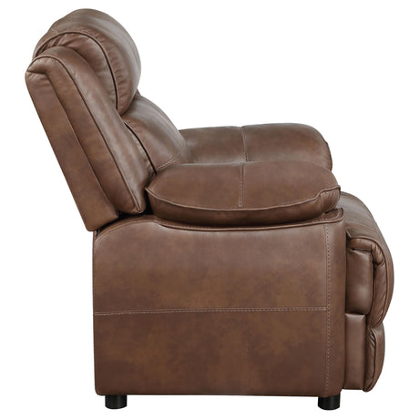 Close-up on Ellington Sofa arm padding in dark brown leather
