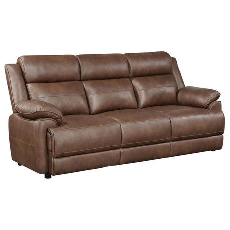 Ellington sofa front view showing dark brown upholstery and padded arms