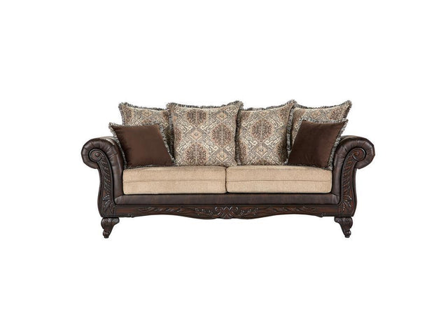 Elmbrook brown upholstered rolled arm sofa main view