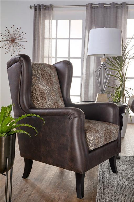Elmbrook Chair showing solid wood legs and wingback silhouette