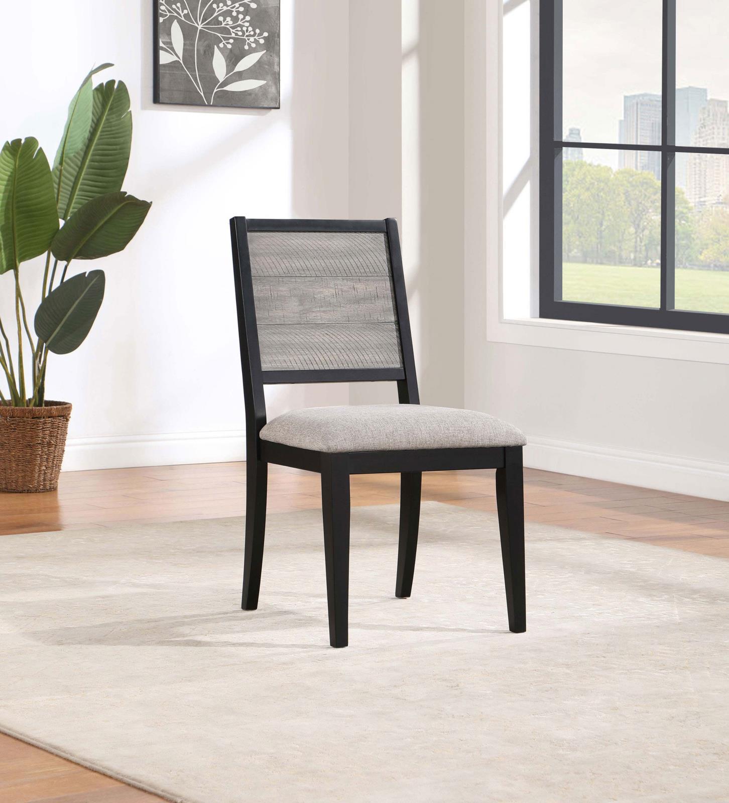 Side angle of Elodie Upholstered Dining Side Chair in dove grey and black