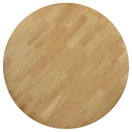 Side angle of Elowen round dining table showing thickness and edge
