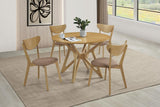 Geometric legs of Elowen round dining table in light walnut
