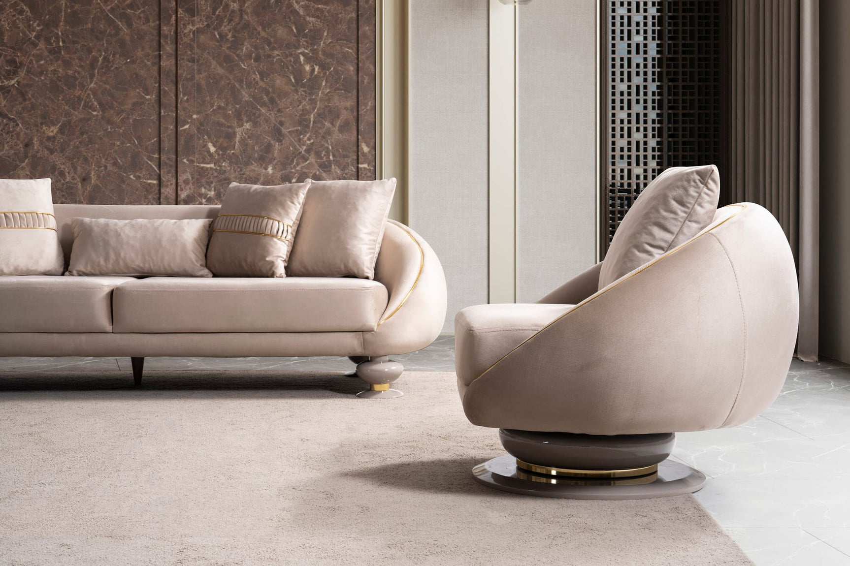 Elysium Sofa, Loveseat, and Chair Set with Sculptural Curved Silhouettes view 23