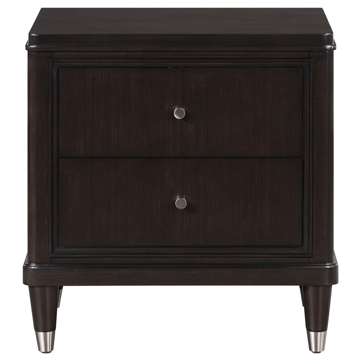 Close-up of Emberlyn nightstand showing tapered feet with metallic caps