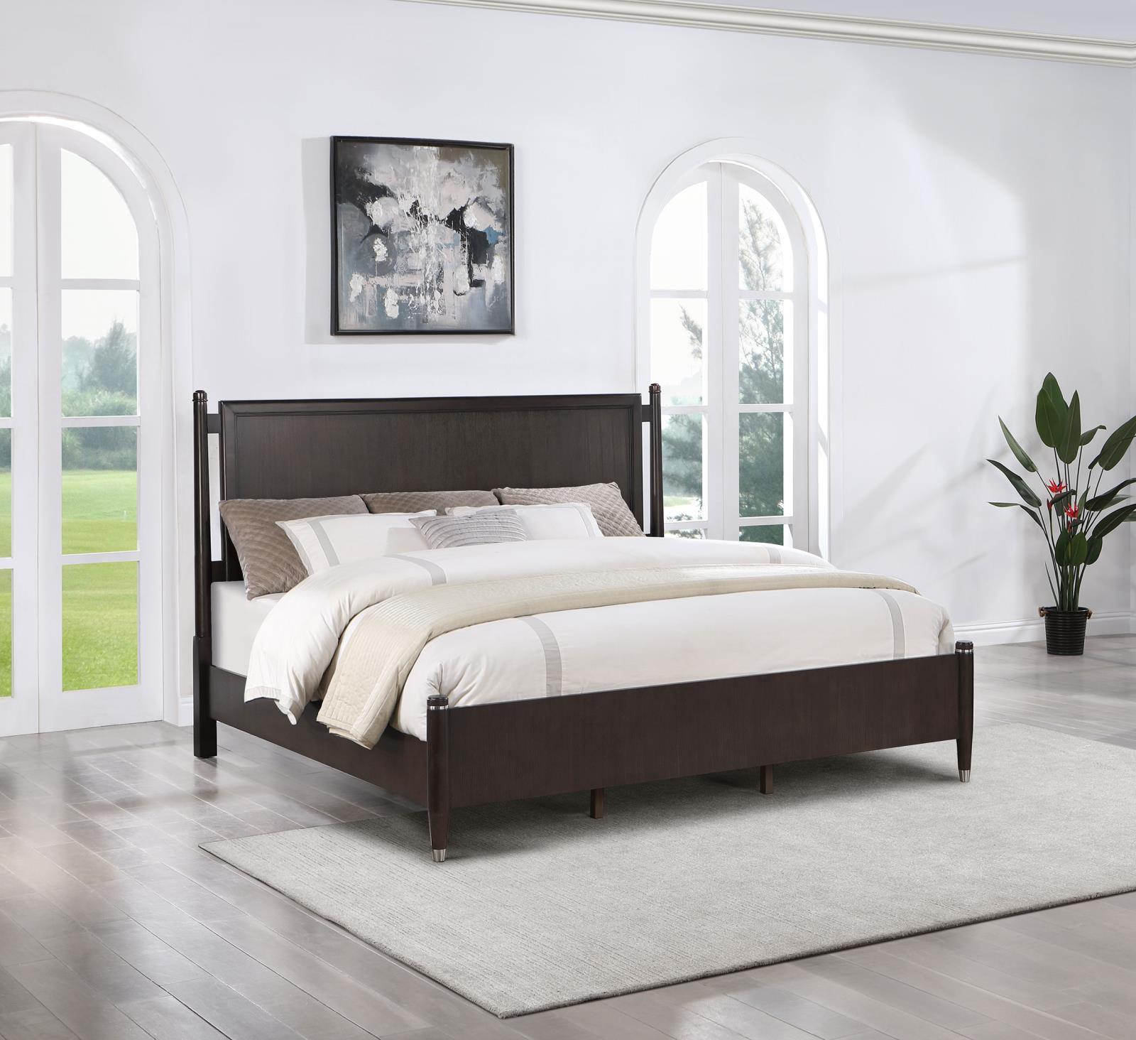 Side view of Emberlyn Queen Four-Poster Bed with iron post accents