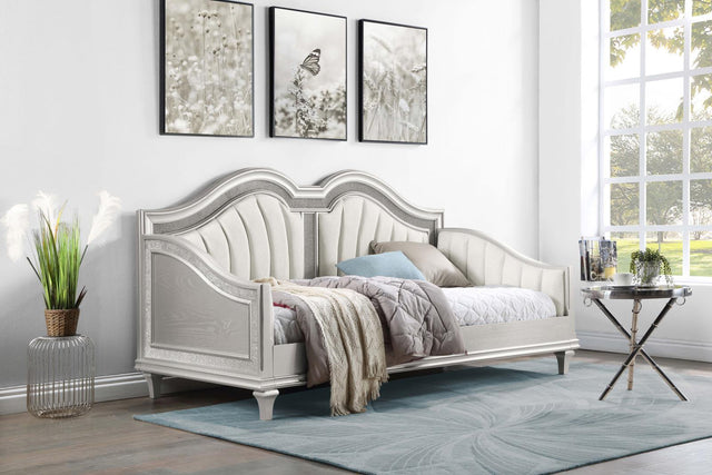 Side view of Evangeline upholstered twin daybed in ivory fabric