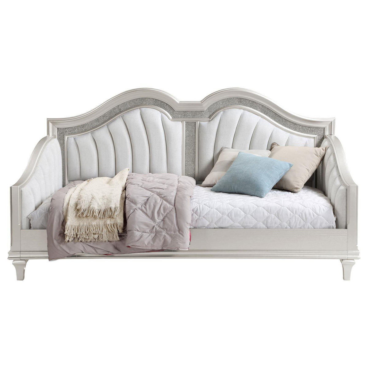 Detailed look at the curved headboard of the Evangeline daybed