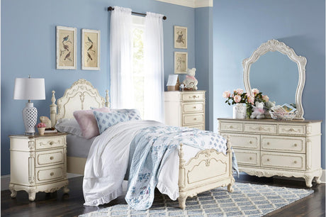 Cinderella Antique White Youth Panel Bedroom Set - Full assembled room view