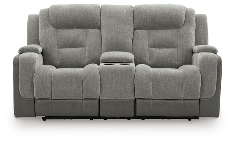 Mixed Motion Shadow Chenille / Faux Leather Power Reclining Loveseat with Console — front view