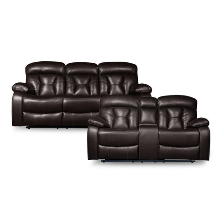 Main view of Claire Brown brown faux leather reclining sofa and loveseat set