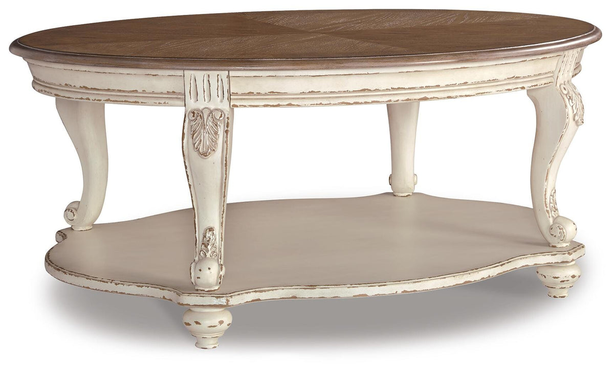 Realyn White/Brown Coffee Table with 1 End Table — angled view