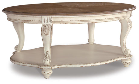 Realyn White/Brown Coffee Table with 2 End Tables — angled view