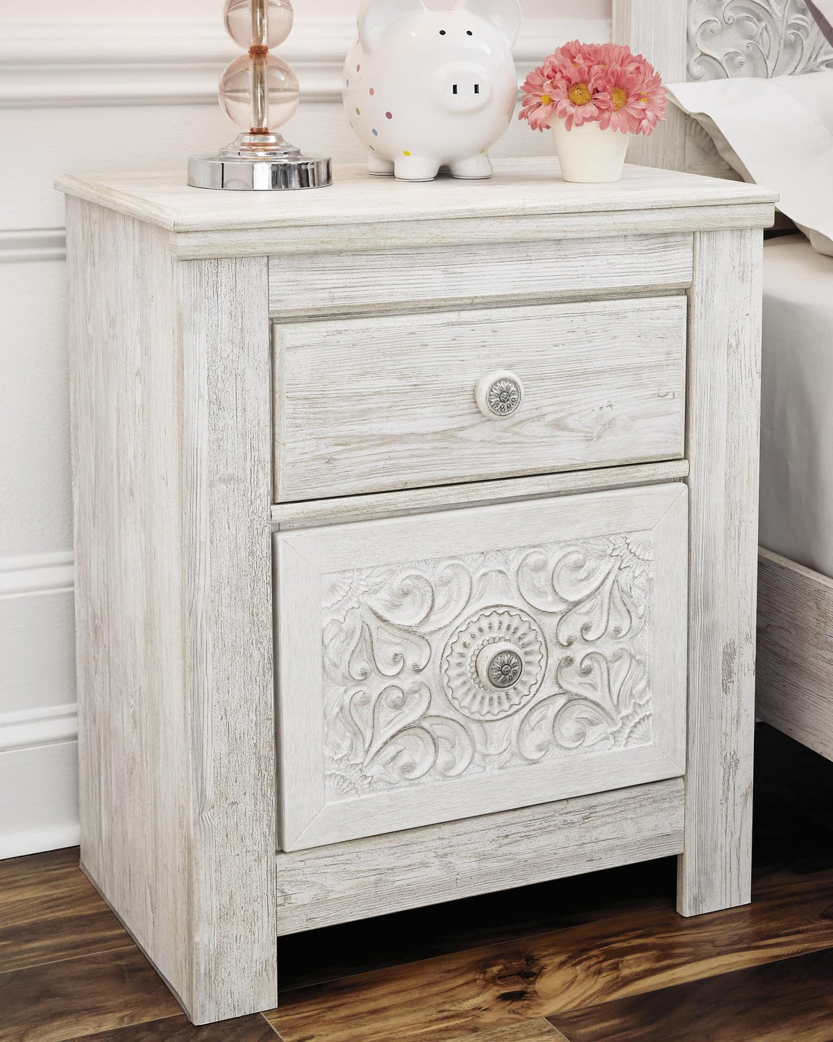 Paxberry Whitewash Two-Drawer Nightstand — product view
