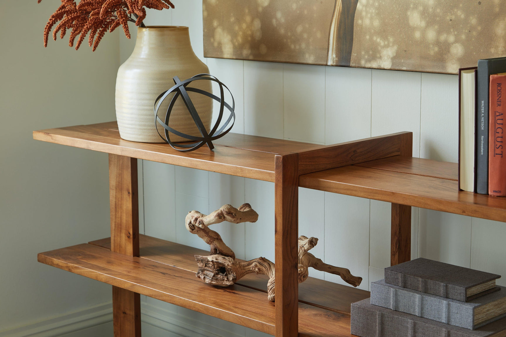Fayemour console table staged with decorative accents