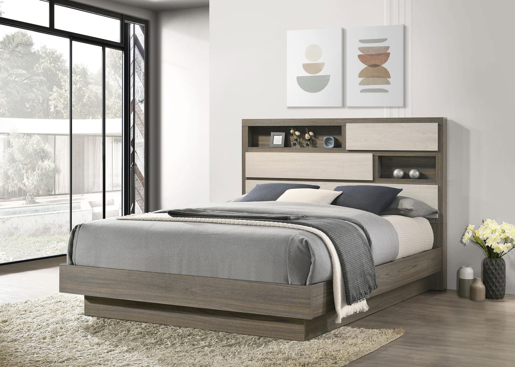 Fenwick Queen Bed Bookcase Headboard Grey Oak view 2
