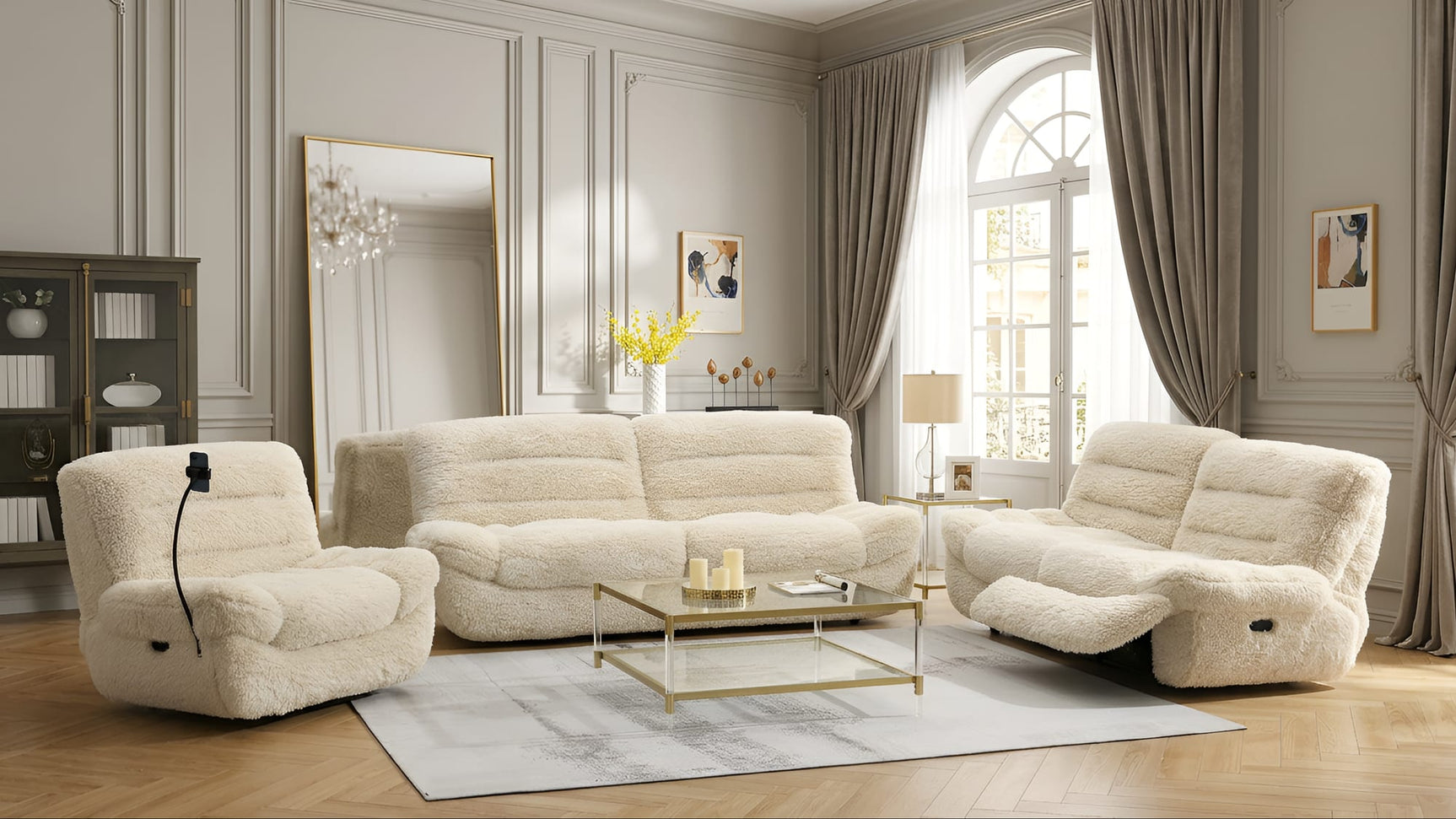 Ferland Beige Faux-Fur Reclining Sofa, Loveseat, and Recliner Set from Decor Furniture